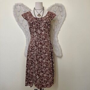 Boho Granola girl Floral Print Midi Dress Brown Cottagecore Indie Retro Cute